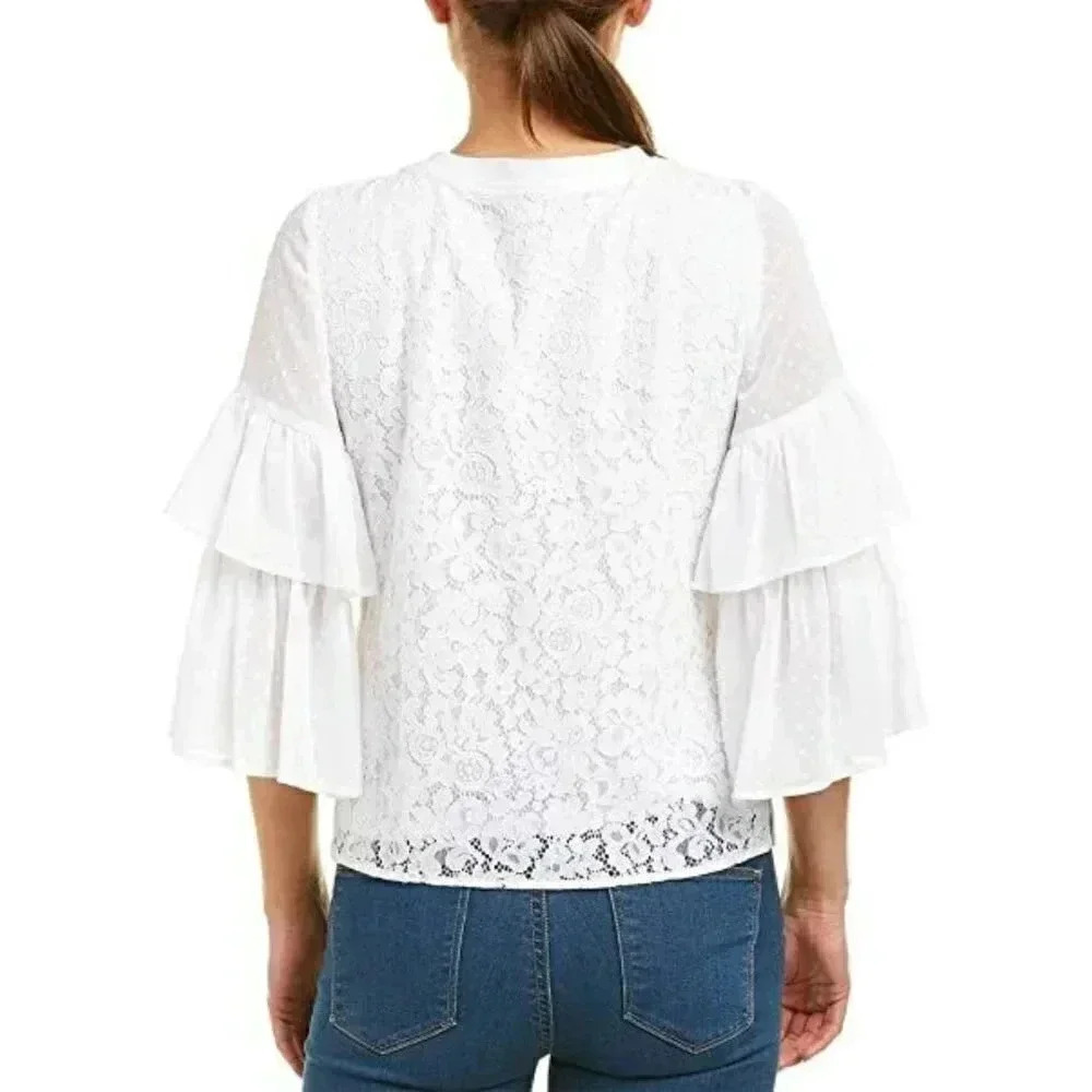 Kensie Romantic Boho White Lace Top Ruffled Sleeves Size Large - Picture 9 of 11